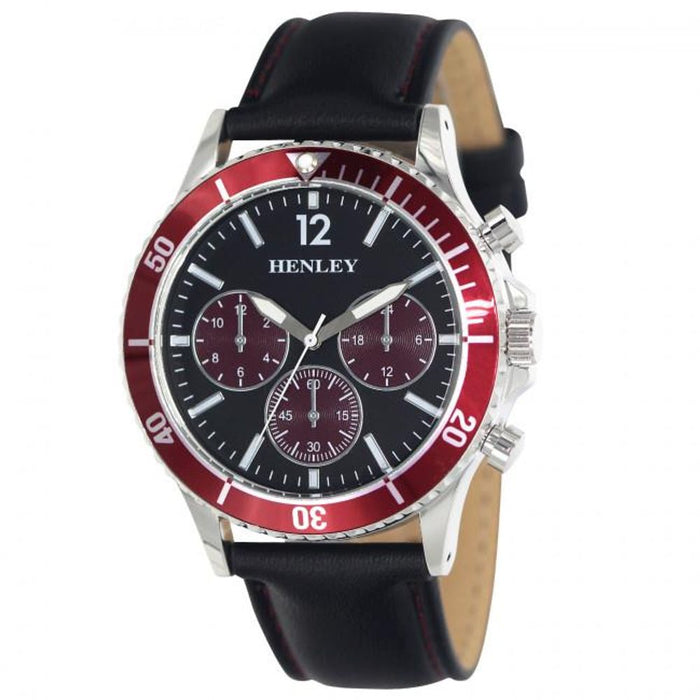 Henley Mens Purple Round Sports Case Watch with Black Leather Strap. High Quality. Free Shipping.