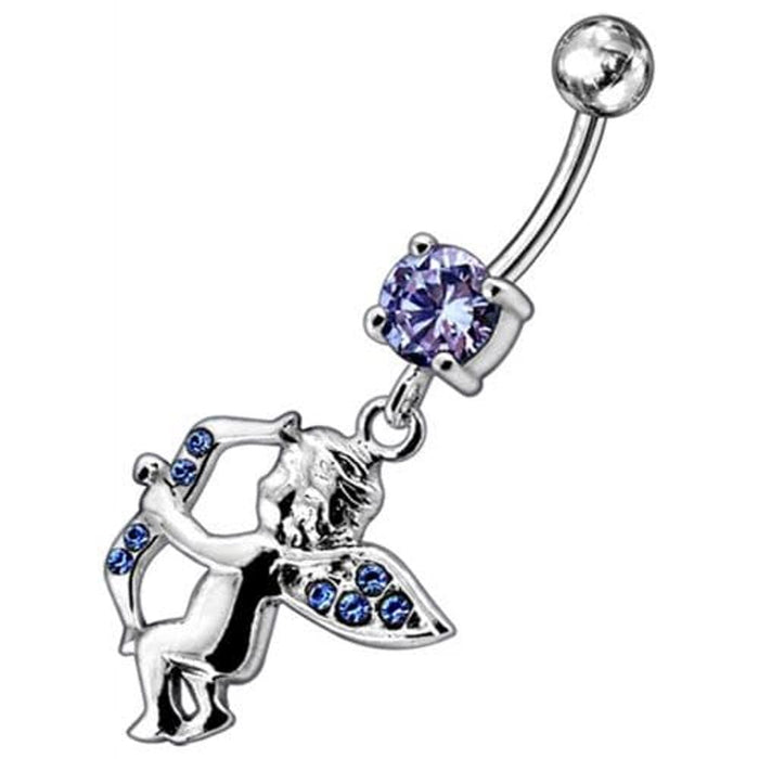 Jeweled Fancy  Angel Silver Dangling SS Bar Curved Belly Ring