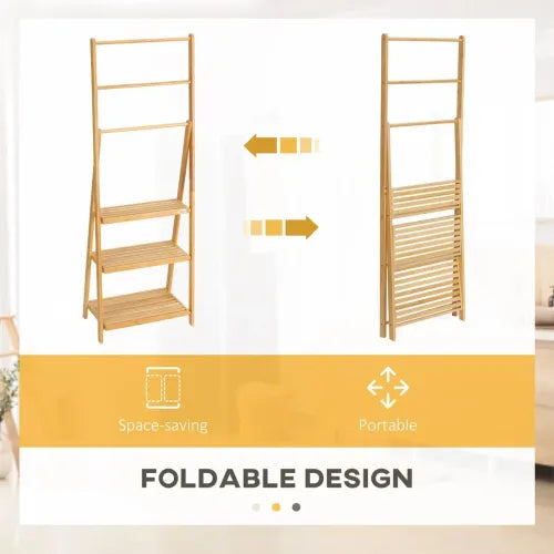 Freestanding Foldable Bamboo Towel Rack with 3 Bars and Shelves for Bathroom