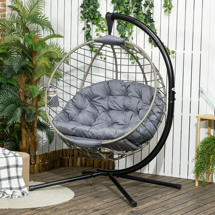 Outsunny Hanging Swing Chair w/ Stand & Cup Holder, Grey