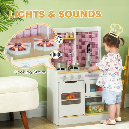 AIYAPLAY Kids Play Kitchen, Pretend Play Kitchen with Realistic Oven, Stove, Sink, Kitchen Accessories, Cooking Playset with Light, Sound, Ages 3+, White