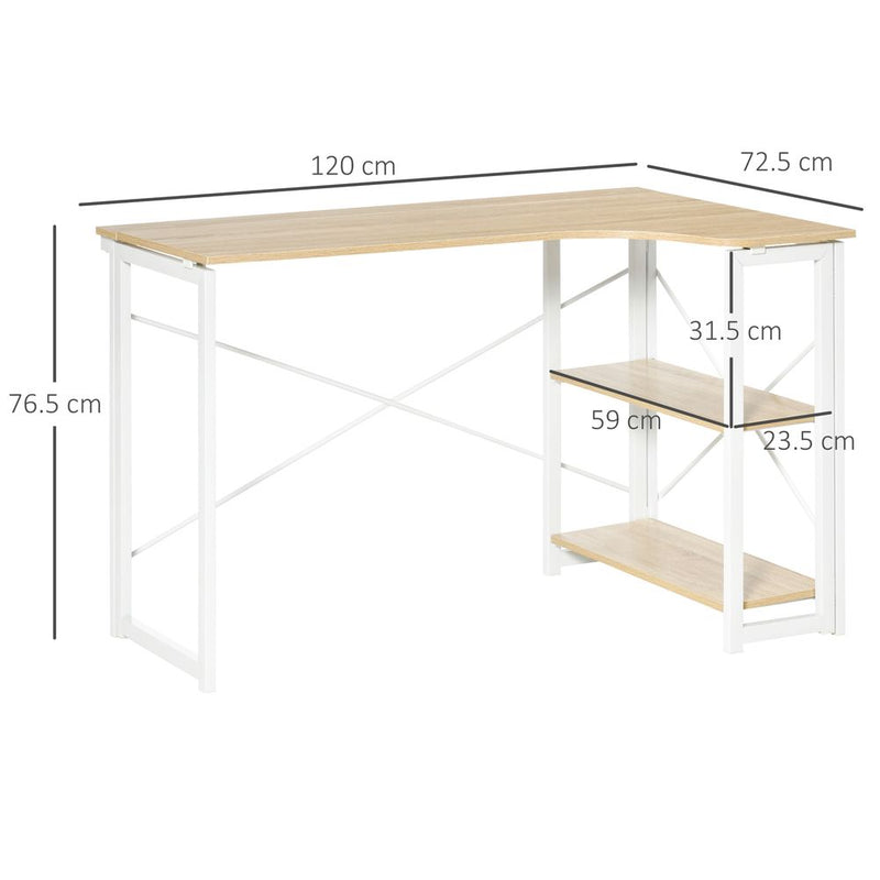 HOMCOM Folding Desk, L Shaped Desk, Corner Computer Desk with 2-Tier Storage Shelf for Home Office, Study Room, Workstation, Easy Assembly, 120 x 72.5 x 76.5cm, Oak Tone