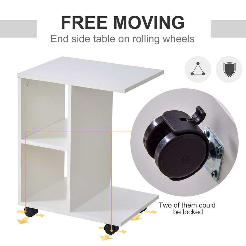HOMCOM C-Shape End Table Unique Storage Unit w/ 2 Shelves 4 Wheels Freestanding Home Office Furniture Cabinet Square Studio White