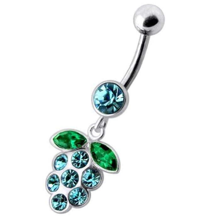 Silver Fancy Jeweled Grape Dangling Curved Belly Ring