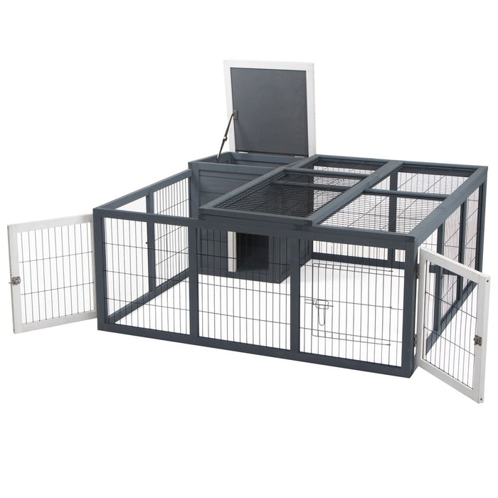 PawHut Rabbit Hutch Outdoor, Guinea Pig House, Bunny Run Cage with Openable Top for 2 Rabbits, 123 x 120 x 52cm, Grey