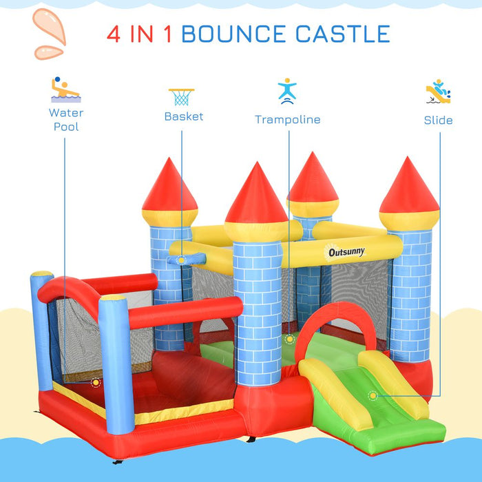 Outsunny Kids Bouncy Castle House Inflatable Trampoline Slide Water Pool Basket 4 in 1 with Blower Basketball Hoop for Kids Age 3-8 Castle Design 2.8 x 2.6 x 2.1m