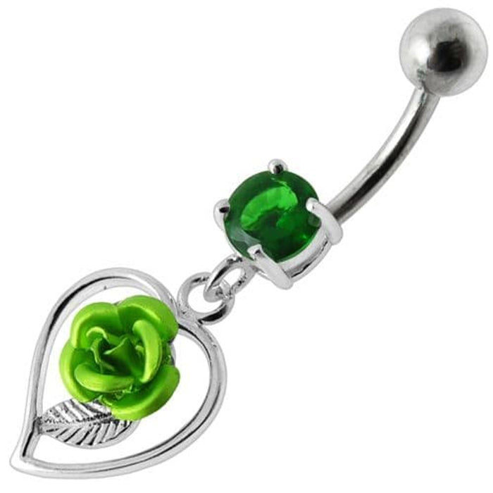 Rose in Heart Jeweled Dangling Belly Ring