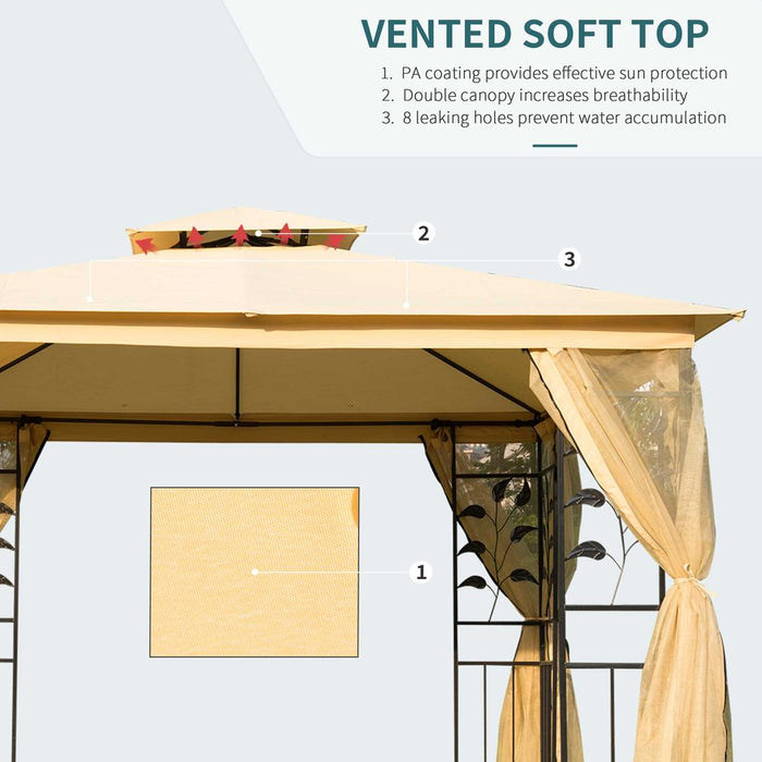 3x3m Double Top Gazebo-Beige. Ideal for parties, weddings, picnics & more. Sturdy, stylish design w/ mesh sidewalls. UV resistant & easy to assemble.