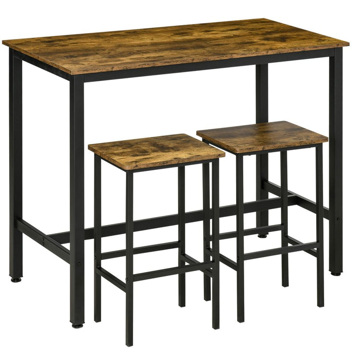 Modern Industrial Bar Table Set, 2 Stools, Counter Height, Rustic Brown