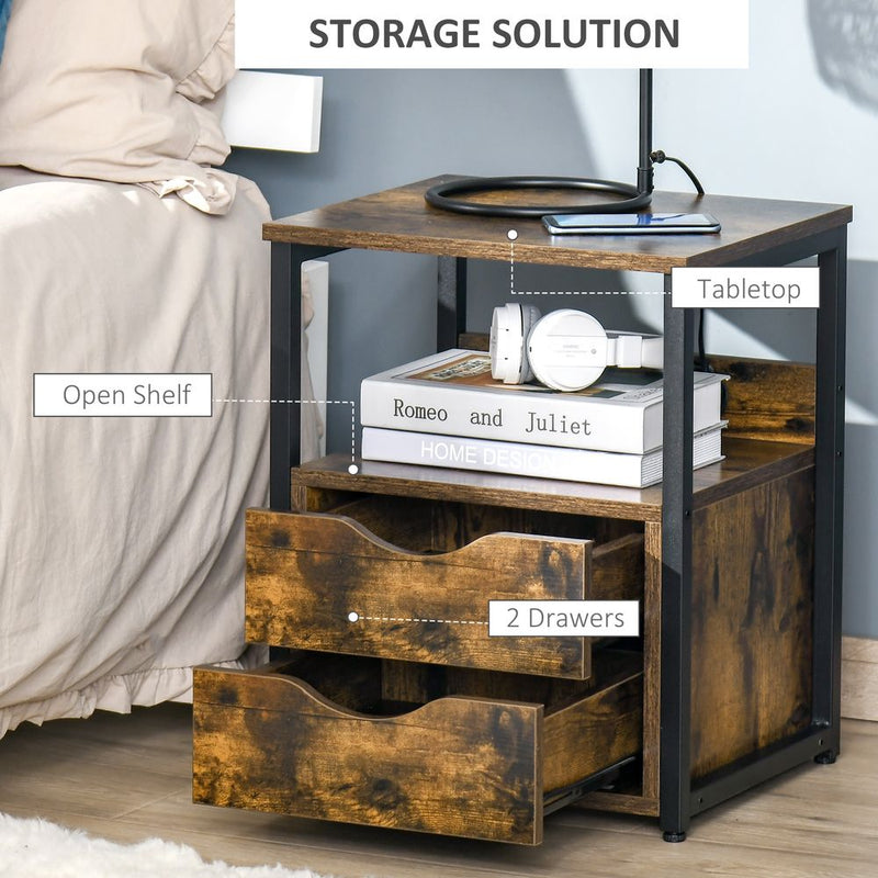 HOMCOM Industrial Side Table with Drawer, Sofa Table, Bedside Cabinet with Storage Shelf, Slim Nightstand for Living Room, Bedroom, Rustic Brown