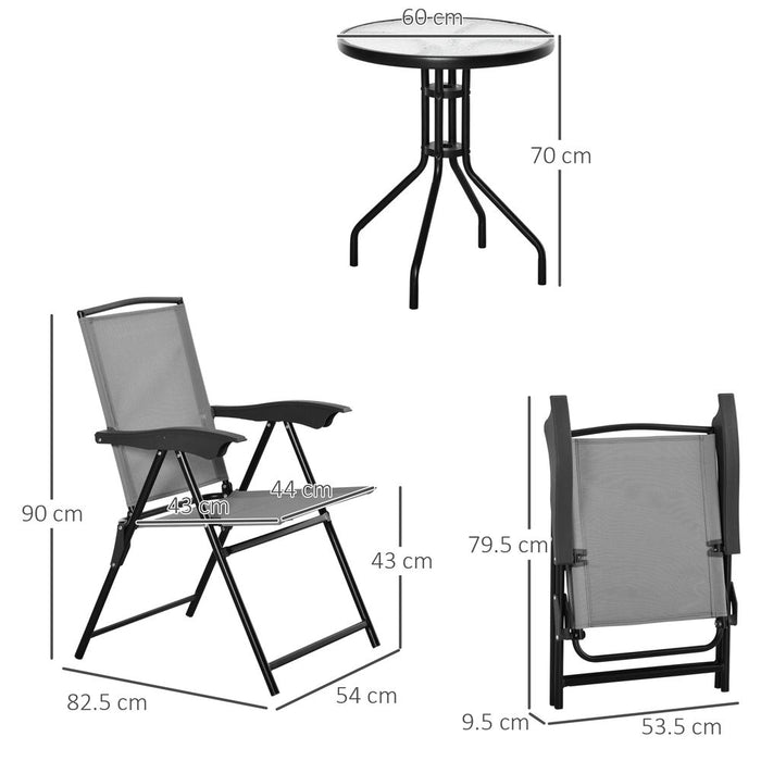 Outsunny 3 Piece Outdoor Bistro Set, Patio Conversation Furniture Set with 2 Folding Backrest Adjustable Armchairs and Glass Top Coffee Table, Grey