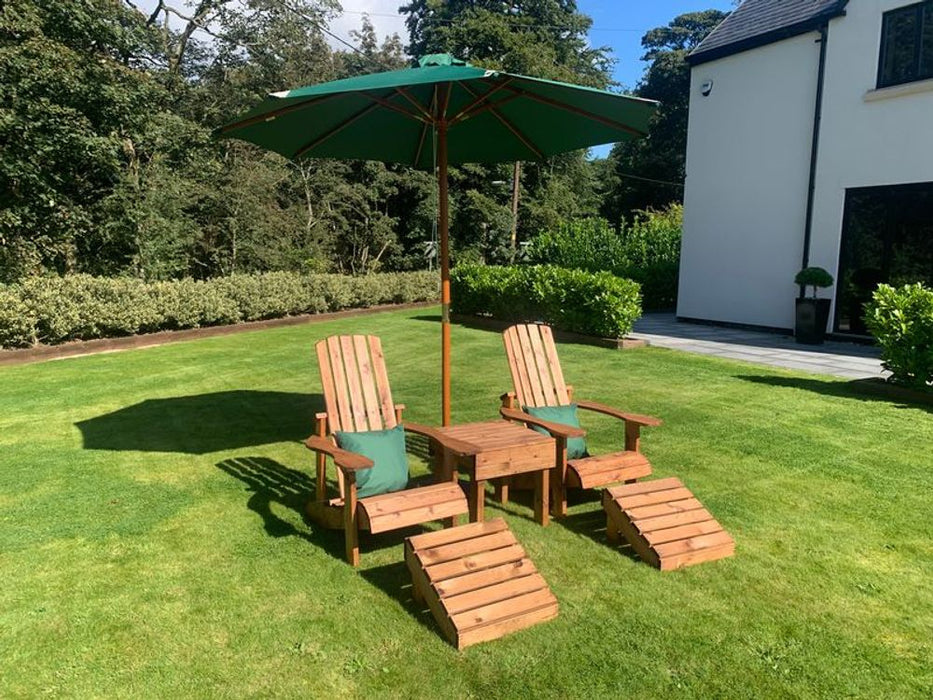 Aidandack Style Set - High Quality, Hand Finished Patio Furniture Made in Britain! Includes 2 Chairs, Footstalls, and a Drinks Table. Rustproof and Rot Free. White Glove Delivery. 10 Year Guarantee.