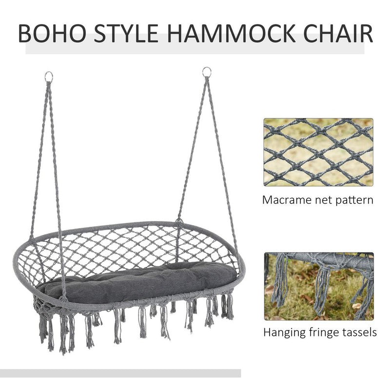 Hanging Hammock Chair - Cotton Rope Swing & Metal Frame - Large Macrame - Dark Grey