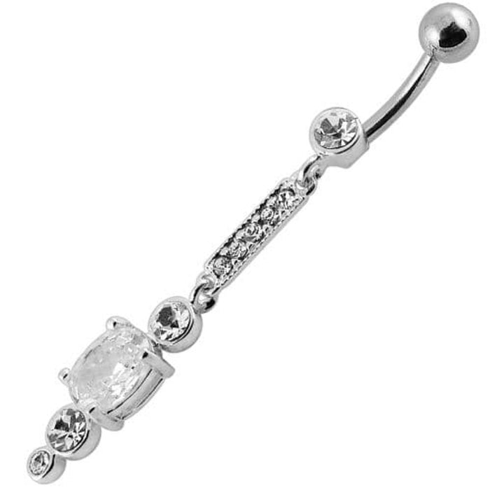 Silver Jeweled Fancy Dangling SS Bar Banana Navel Ring