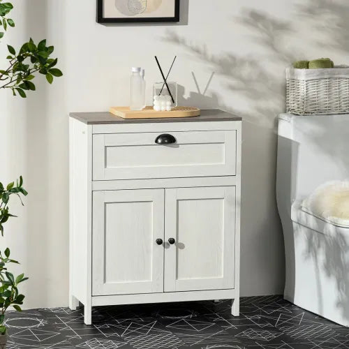 Bathroom Floor Standing Cabinet Storage Organizer w/ Drawer Double Door, White
