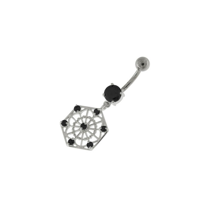 Sterling Silver Jeweled Hexagon Cut out Navel Bar