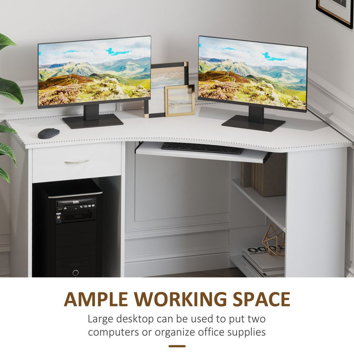 L-Shaped Corner Computer Desk w/ 2 Shelves Worktop Keyboard Tray White