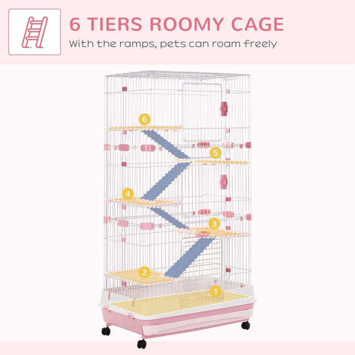 PawHut Pink Small Animal Cage - Indoor Bunny Ferret Chinchilla - 6 Levels - Wheels Tray - 158.6H x 81.2L x 52.7Wcm