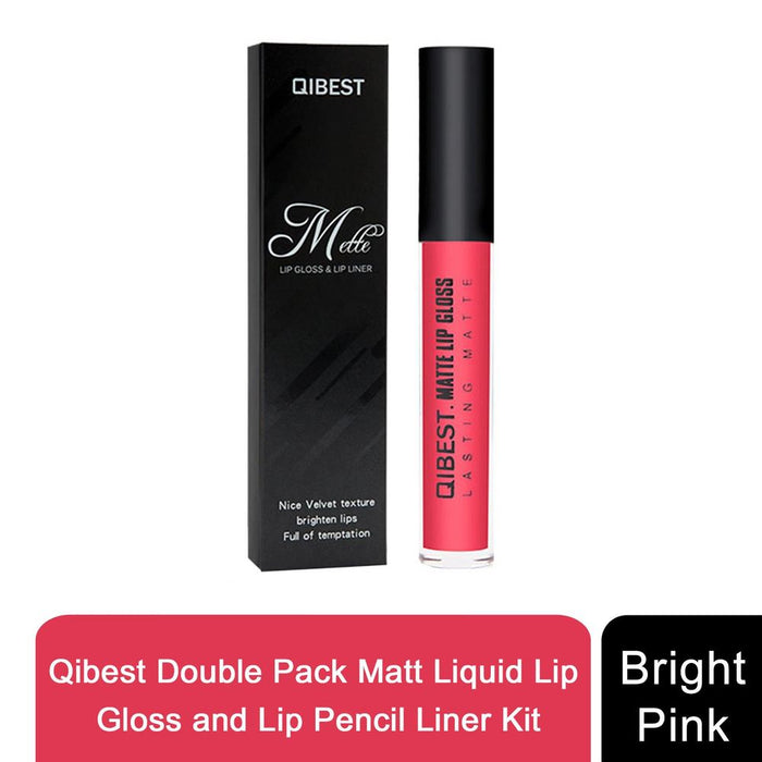 Qibest Double Pack Matt Liquid Lip Gloss & Lip Pencil Liner Kit - Bright Pink