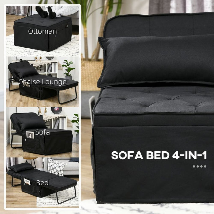 HOMCOM 4-in-1 Folding Sleeper Chair Bed, Pillow & Side Pockets - Black