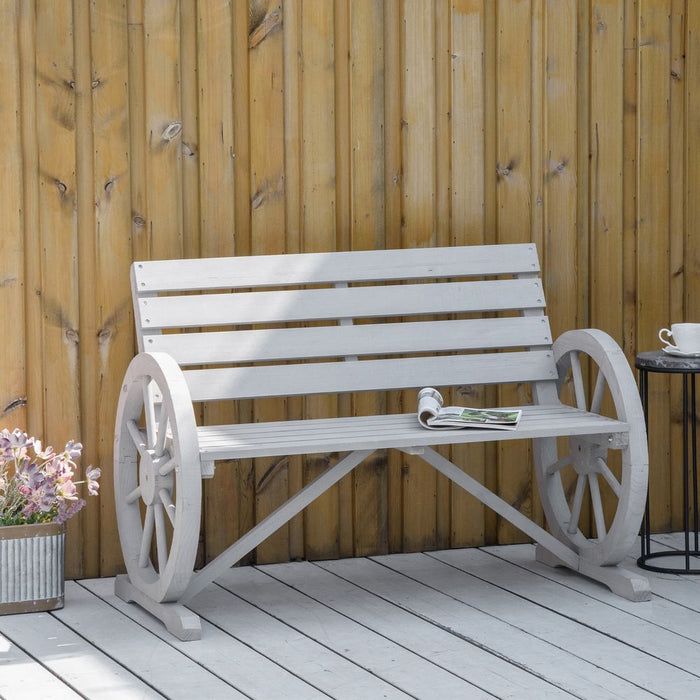 2 Seater Bench Armrest Chair & Wooden Cart Wagon Wheel Rustic High Back Grey