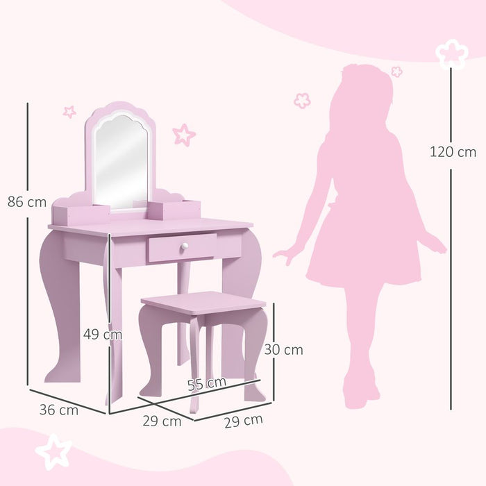 ZONEKIZ Kids Dressing Table Cloud Design with Mirror Stool Drawer Storage Boxes