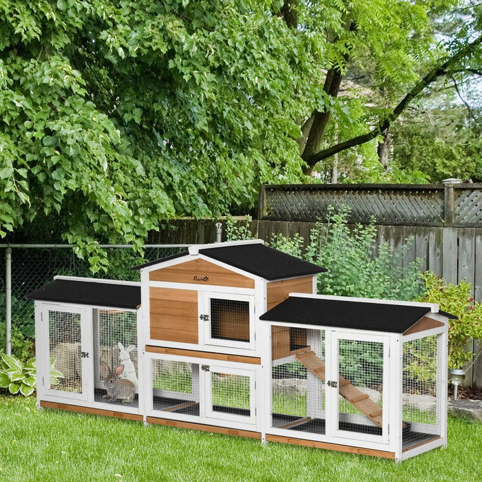 PawHut Large Rabbit Hutch Outdoor, 2-Tier Guinea Pig Hutch, Wooden Bunny Run, Small Animal House with Double Side Run Boxes, No-leak Plastic Tray, Ramp, 230 x 53 x 93.5cm