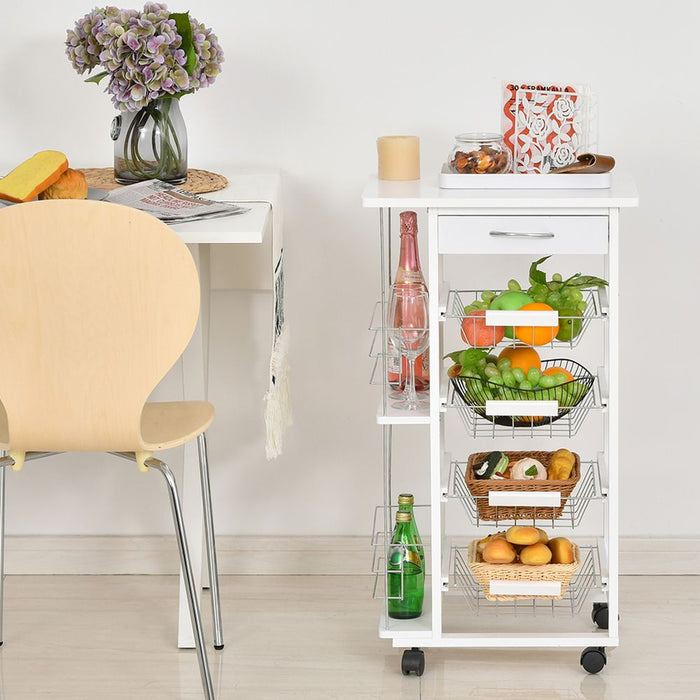 Compact White Kitchen Island Trolley - Multifunctional Storage Cart with Metal Baskets & Wheels