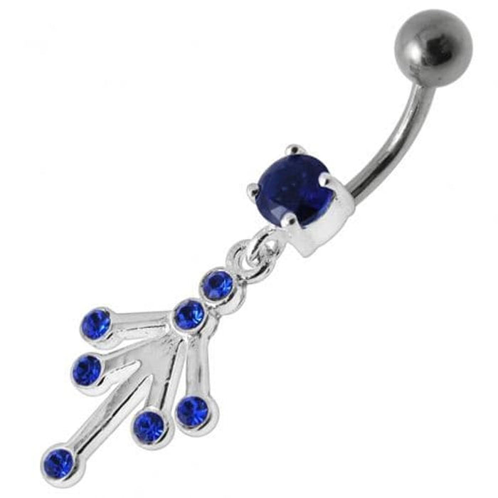 Fancy Jeweled Silver Dangling With Curved Bar Belly Ring Body Jewelry