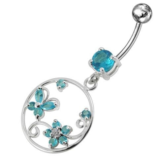 Jeweled Fancy Silver Dangling SS Curved Bar Belly Ring