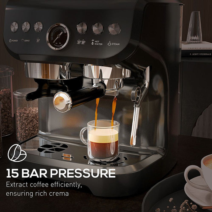 Premium Espresso Machine w/ Integrated Grinder & Steam Wand - 15 Bar Pressure - Professional Quality