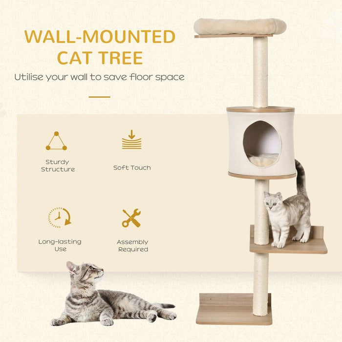 PawHut Wall-Mounted Cat Tree Shelter - Condo Bed Scratching Post - Beige