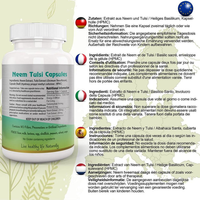 Pure Neem Tulsi Capsules- Traditional, Sacred, Top Quality | Holy Basil, Ayurveda