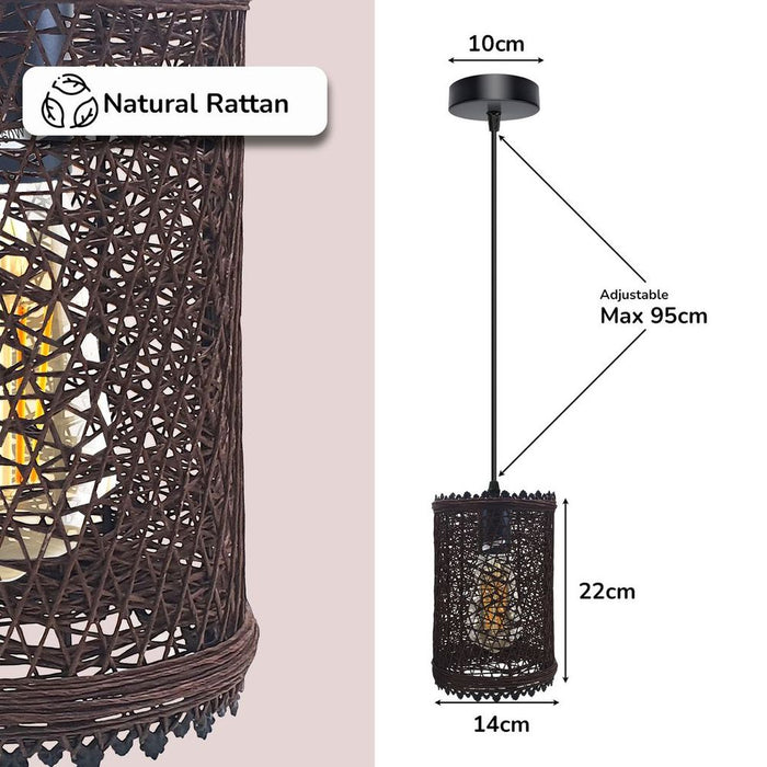 Vintage Wicker Rattan Pendant Light - Handmade, Adjustable, E27 Base - Perfect for Living Room, Dining Room, Cafe, Bar