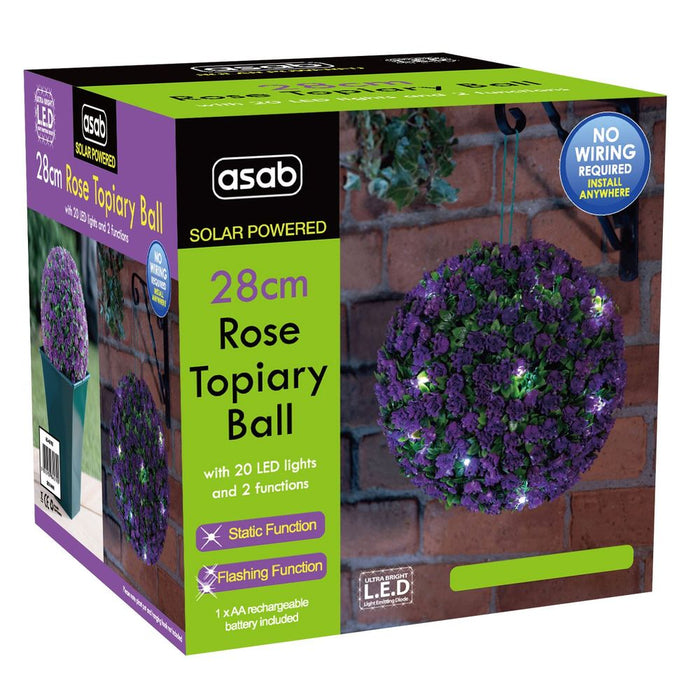 28cm Solar Topiary Ball PURPLE FLOWERTOP-8 AS-11527 - Illuminate your garden with this solar-powered beauty! Automatic dusk activation with dual function: static or flashing.