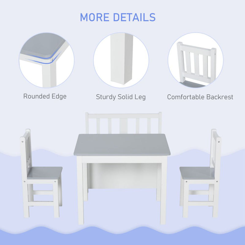HOMCOM 4-Piece Kids Table and Chair Set with 2 Wooden Chairs, 1 Storage Bench, and Interesting Modern Design, Grey/White