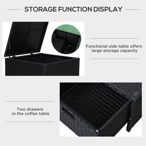 4-Seater Rattan Wicker Garden Patio Sofa Storage & Table Set Black