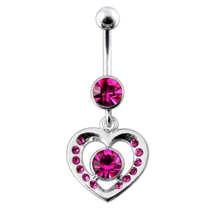 Fancy Jeweled Heart And Centered Stone Dangling Belly Ring Body Jewelry