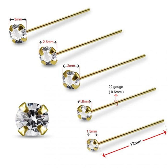 14ct Gold CZ Nose Stud - High Quality Straight End Nose Pin - Clear CZ - Prong Setting - 22G - 1.5mm to 3mm Stone Sizes