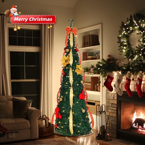 6 FT Fully Decorated Pre-lit Christmas Tree, Pop Up Artificial Xmas Tree with 80 Warm Lights Battery Operated and Red & Golden Ornaments for Home Office Store Holiday Deco