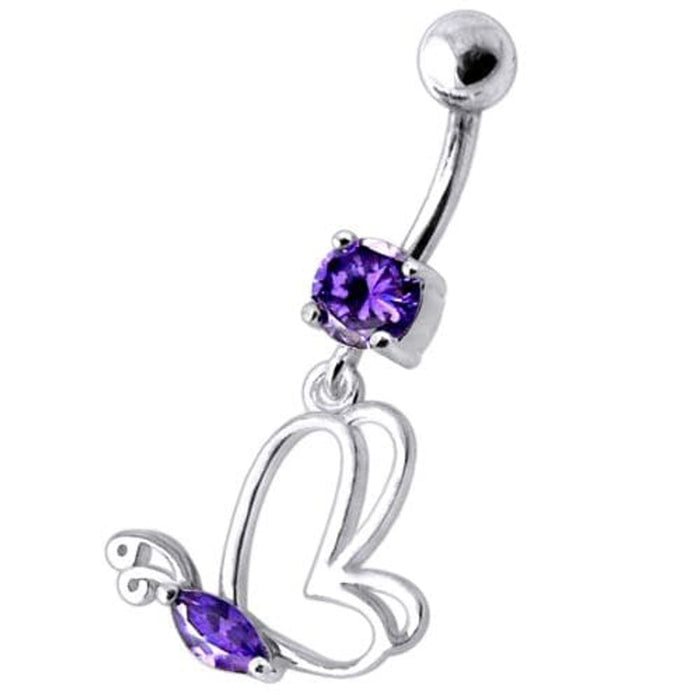 Silver Jeweled Butterfly Dangling With SS Banana bar Navel Body Jewelry Ring