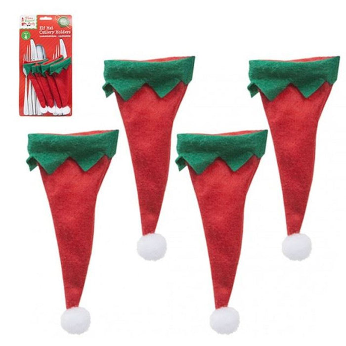 Set Of 4 Elf Hat Cutlery Holders - Luxury Festive Table Decoration