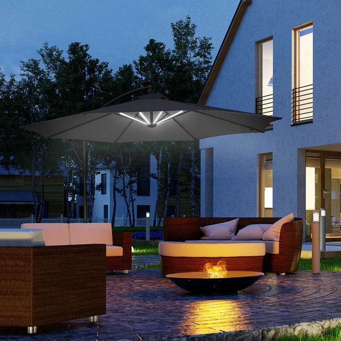 Outsunny 3(m) Banana Cantilever Parasol with Solar LED Lights, Garden Umbrella with Cross Base and Crank Handle, Hanging Offset Sun Shade for Outdoor, Patio, Black