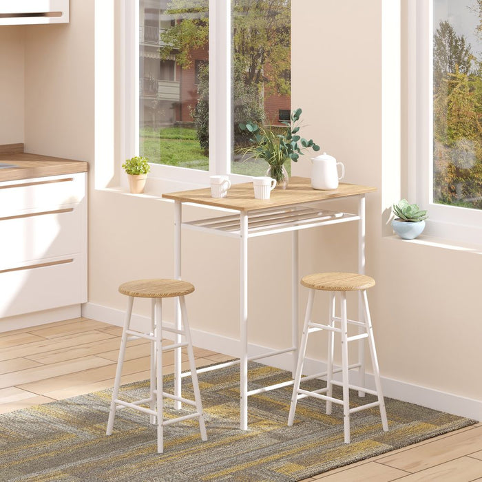 3Pc Bar Height Dining Set: White Oak; 3-Piece Kitchen Furniture for Small Spaces; Steel Frame; High-Quality MDF Tops