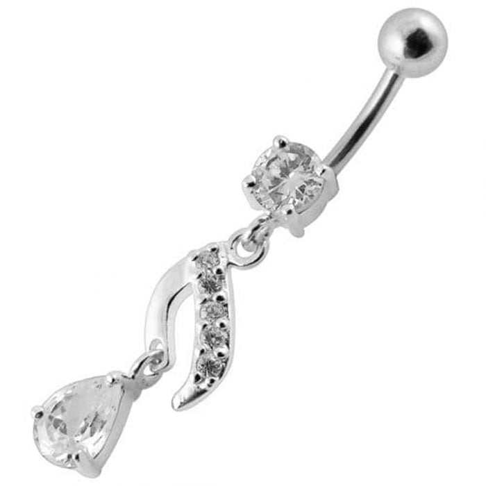 Fancy Jeweled Silver Dangling Curved Belly Ring