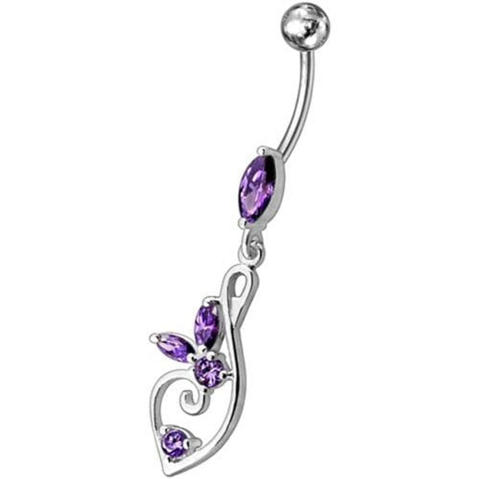 Silver Fancy Flower Jeweled Dangling  SS Bar Belly Body Ring