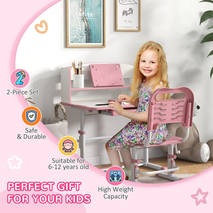 ZONEKIZ Height Adjustable Kids Desk and Chair Set, with Drawer, Bookshelf, Pink