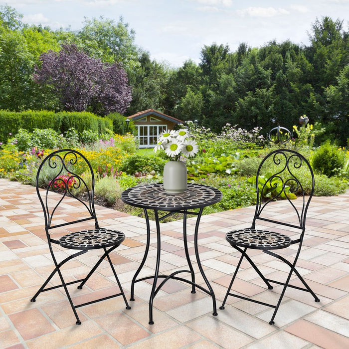 Stylish 3PC Garden Bistro Set: Mosaic Tile Top, Metal Frame, Seats 2