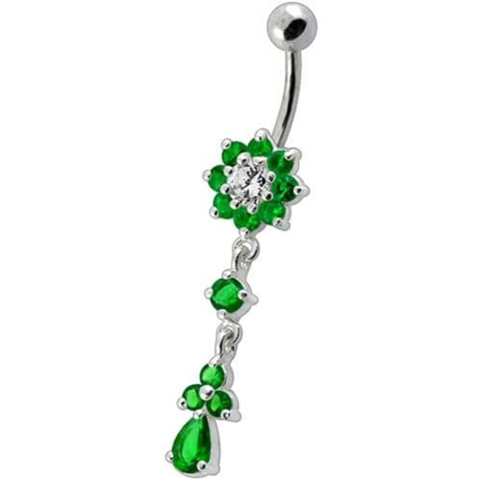 Fancy Jeweled Flower Dangling Curved Bar Belly Ring