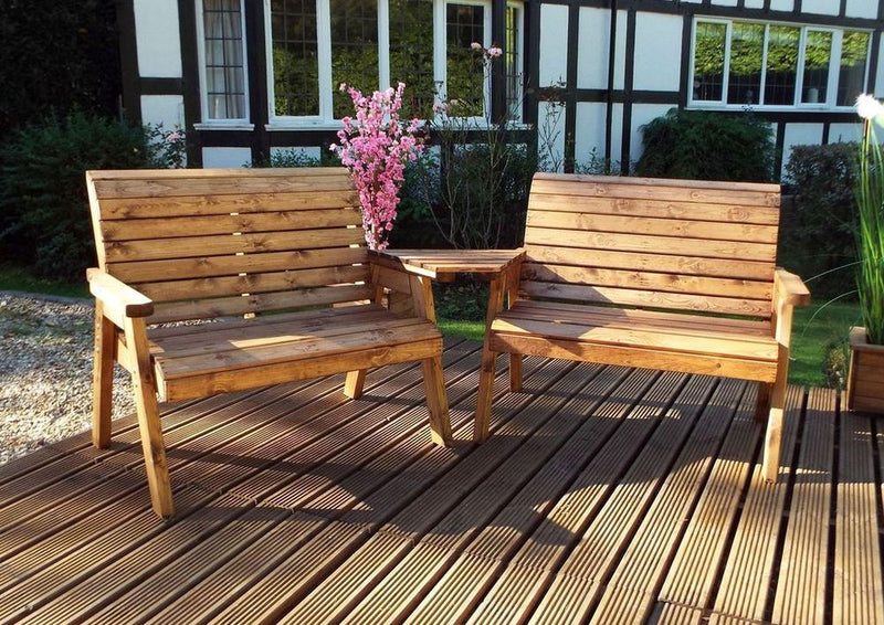 Comfortable English Twin Bench Set with Angled Tray - High Quality British Craftsmanship - 10 Year Rot Free Guarantee